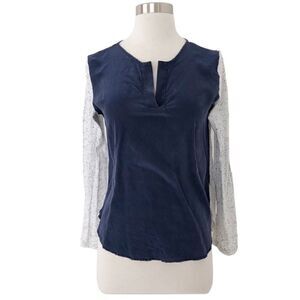 Amour Vert Blue & White Silk Blouse Top Long Sleev